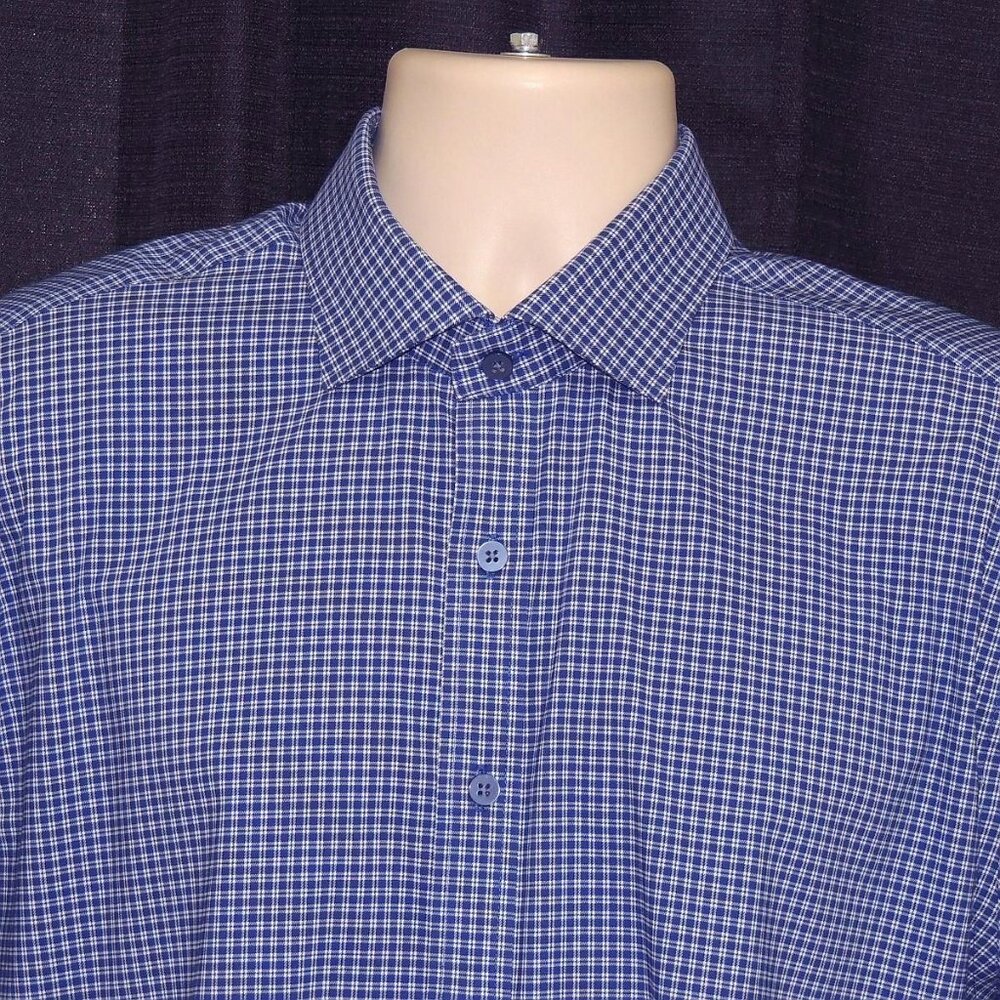 ** SOLD **  Twillory Dark Blue Mini Check Plaid Shirt TAILORED FIT 17 - 32/33